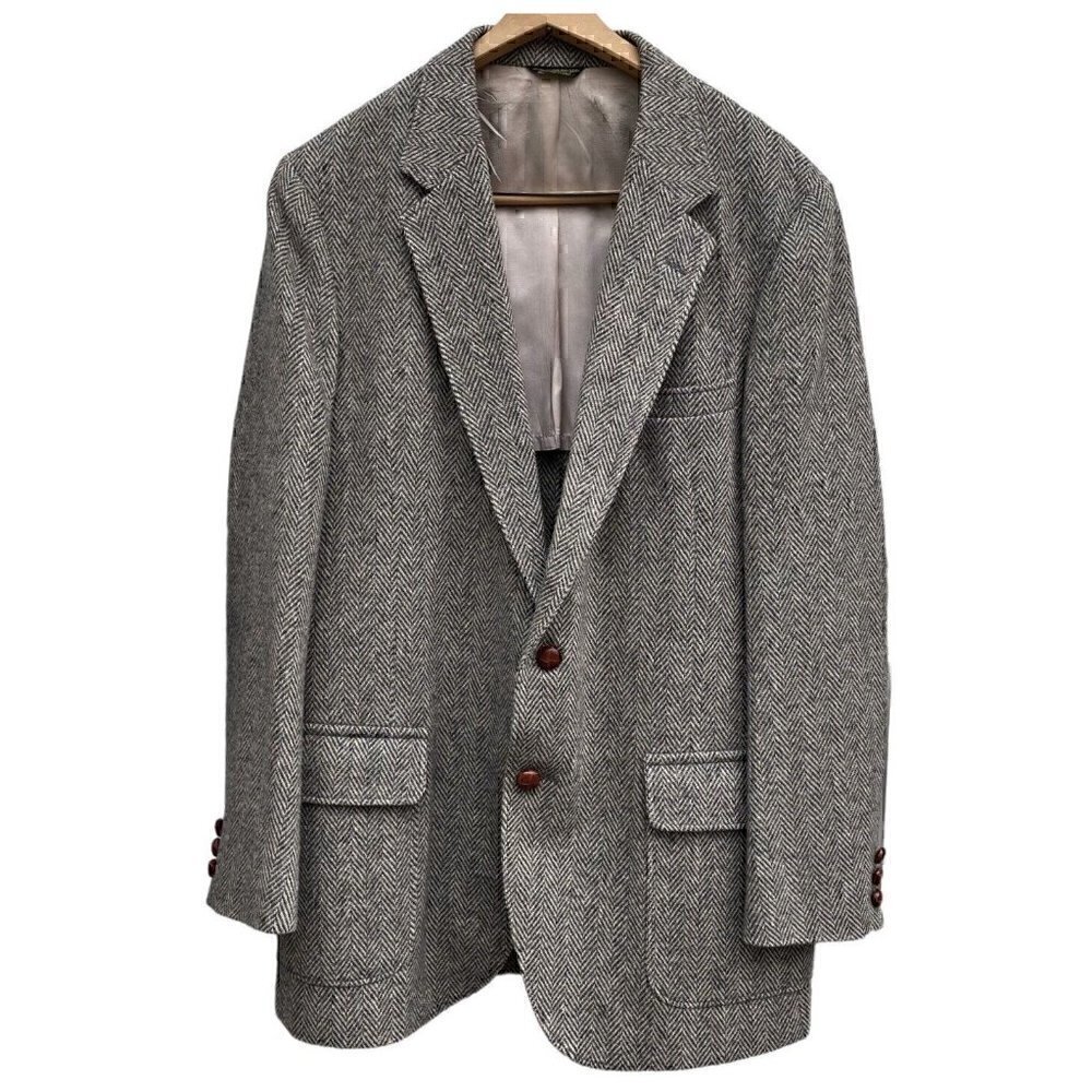 VTG 80s Wool Herringbone Tweed Single Breasted 2 Button Sportscoat Gray Men’s 44
